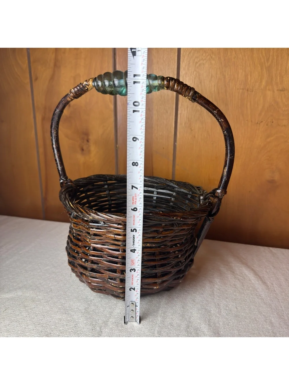 Vintage Wicker Basket Glass Handle Accent Dark Brown Woven Rustic Boho Decor